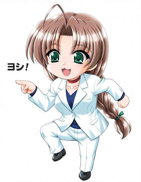 masterpiece, best quality, amazing quality, very aesthetic, absurdres, official art, ultra detailed, game cg, 
1girl, solo, chibi, full body, shinohara_shizue, green eyes, brown hair, long hair, ahoge, braid, large breasts, gleaming skin, BREAK 
formal white suit, white collar, red choker, blue shirt, collarbone, 
smile, genba_neko,chibi,pointing,standing on one leg,:3,open mouth,meme,parody, simple background, white background <lora:genba_neko_like_v2:1> <lora:Shinohara Shizue v1.0-000013:1>