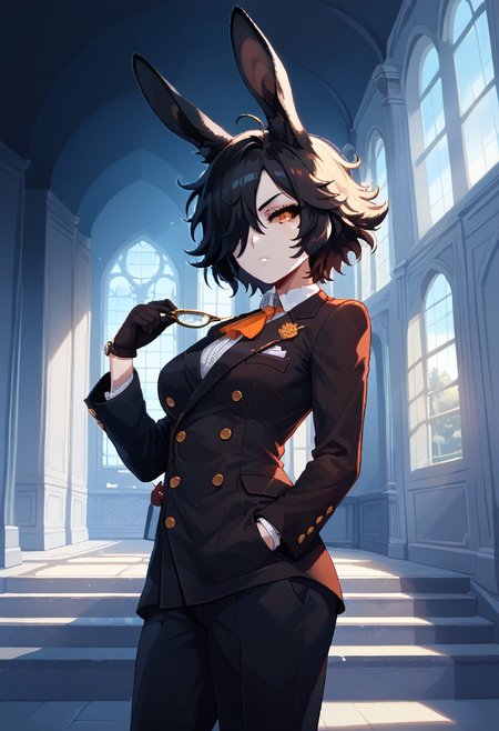 score_9, score_8_up, score_7_up,itzah,
BREAK,rabbit girl,dark sclera,flat breasts,mature woman,serious expression,short black hair,hair over eye,messy hair,(fluffy rabbit ears),pale skin,orange eyes,adjusting gloves,(double-breasted suits),elegant clothes,pocket watch,front angle,mansion scenery,indoors,hallway,imposing vibes,night time,dynamic lightning