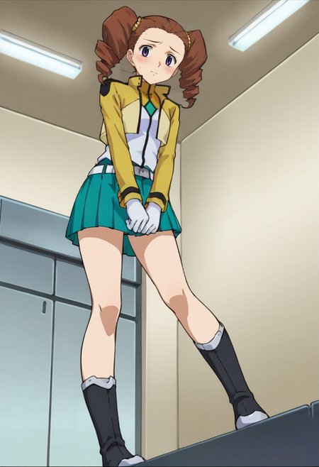 score_9,score_8_up,score_7_up,anime coloring BREAK source_anime,anime,<lora:Mileina_Vashti_Gundam_00_Pony:0.7>,mileina,1girl,solo,purple eyes,brown hair,drill hair,twin drills,hair ornament,cb uniform,cropped jacket,white gloves,belt,green skirt,pleated skirt,black boots,embarrass,blush,standing,arms between legs,indoors,looking_at_viewer,from_below,