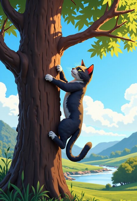3D Render Style, Comic book style, an illustration of a cat mid-climb on a tree, with a stunning and serene background that enhances the sense of adventure. The cat, a sleek tabby with a mix of gray, brown, and black fur, is carefully ascending the trunk of a large, sturdy tree. Its paws are securely gripping the rough bark as it stretches upward, eyes focused and ears perked, exuding a sense of determination and curiosity.
The tree's branches spread outward above the cat, some adorned with fresh, vibrant green leaves, while others remain bare, suggesting the early days of spring. The sunlight filters through the foliage, creating a warm, golden glow that highlights the cat’s fur and the texture of the bark. In the distance, a soft, rolling landscape can be seen—lush hills, a calm river winding through the valley, and a bright blue sky dotted with fluffy white clouds.