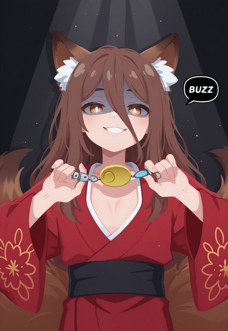 safe, highest quality, masterpiece, intricate details, highly detailed, dynamic shot, dynamic pose, 1boy, solo, brown fox ears, long hair, long bangs, brown hair, fox tail, nine tails, ((flat chest)), masculine eyes, masculine face:0.8, yandere, chiaroscuro, very awa, t4kar4i_illu, no_outlines,no lineart, average physique, tall, wearing red kimono, red kimono, embroidered red kimono, ((cpbt, crime prevention buzzer, pulling)), aged up, ((("BUZZ ME" in the speech bubble))), black_background, drop shadow,backlighting,darkness,spotlight,shaded face,extreme close-Up of face,grinning face,glistening eyes,glowing eyes, text, ((the word BUZZ ME)), BUZZ ME, perfect hands,