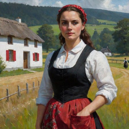 Oil painting, fullbody, full-length portrait, outdoor, woman in the center of the painting standing half sideways, summer, day. She is dressed in a white shirt with red patterns, a red waistcoat, a black shirt below the knee with a burgundy apron in front. Dark shoes on his feet, and a white necklace around his neck, hands akimbo. On the face is a slight smile, and on the head is a black ochipok with a [[red]] stripe. A wooden fence is visible in the left part of the image. Behind the woman is a green meadow. In the far background, two whitewashed houses with thatched roofs can be seen, behind which the forest stretches.