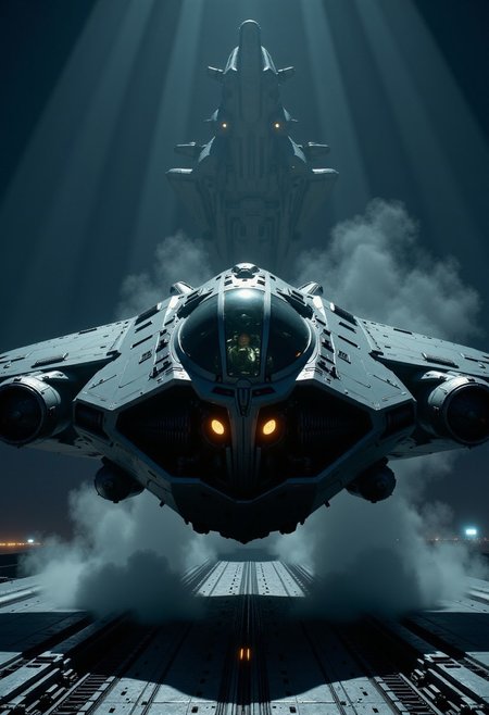 in the style of cksx, ckspaceship, silhouette art, chiascuro, a futuristic, highly advanced fighter plane taking off from an aircraft carrier at night. The plane is made of a dark gunmetal alloy with rivets, bolts, glowing LEDs and diodes, and has large guns mounted on the exterior; the cockpit shows glowing led lights, and has a large air intake, two-man crew visible through the cockpit window.