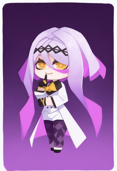 onmyojistyle, chibi, masterpiece, best quality, <break> white border, solo, 1girl, figue, smile, looking at viewer, standing, finger to mouth, shushing, yellow eyes, diamond-shaped pupils, purple hair, multicolored hair, hairband, hair between eyes, sidelocks, yellow ascot, white coat, long sleeves, black shirt, half gloves, black gloves, white shorts, purple leggings, purple background
 <segment:yolo-Anzhc Face seg 640 v2 y8n.pt,0.4,0.5//cid=1>