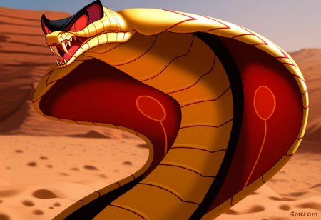 score_9, score_8_up, score_7_up, solo 1boy, expressiveh, (SnakeJafar, scalie, snake, cobra, feral, snake hood, reptile, black body, black scales, red body, red scales, fangs, closed mouth, red eyes), desert, sand,  cowboy shot, close-up, smile, detailed background, 4k, masterpiece, best quality, highly detailed, realistic