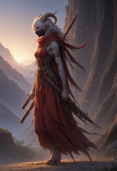 (absurdres, best quality, masterpiece:1.4), score_9, score_8_up, score_7_up, score_6_up, detailed, detailed body, detailed face, world of warcraft, fantasy, <lora:add-detail-xl:1.5>, 

fFaceDetail, SkinDetail, ((female, draenei, tall, athletic arms, pale white skin, smooth skin, long white hair, purple eyes, no pupil, no sclera, long white tail), (h0rns, ram horns, white horns), 
(long fingers, purple fingernails, purple nail polish)), 

(long loose red dress, simple armlet, black facemask, red silk scarf), GunMonk, shotgun, holding shotgun,

full body, side view

outdoor, evening, mountains,
