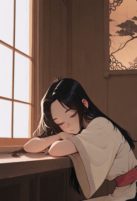 1girl , traditional vietnamese dreess , long hair , window , head rest , sleepinng , 
masterpiece ,best quality ,amazing quality, Flatline, Flat vector illustration, klaus_style ,