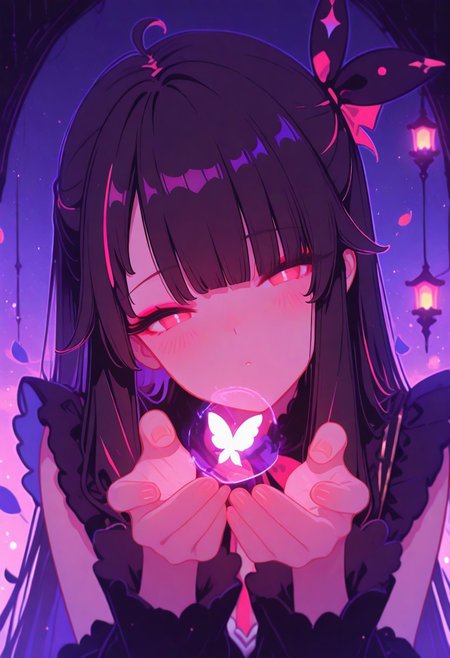 masterpiece, best quality, good quality, newest, highres, absurdres, yorumi rena \( njisanji\), 
 looking at viewer, blush, fingernails, head tilt, dark fantasy, vibrant background, Theme parks, amusement parks, magician costumes, frills, play boy bunny, petals, glowing lanterns, misty night,aesthetic, soft bokeh, atmospheric lighting, neon glow, mystical aura,, moonlit night, depth of field, cinematic lighting, warm contrast, rich colors, detailed face, detailed eyes, leaning forward, face focus, close view, upper body, Flatline, Flat vector illustration