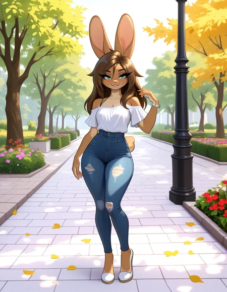 masterpiece, best quality, very aesthetic, absurdres,
outdoors, casual, 
full body, posing, 
seductive smile, parted lips, long eyelashes,
 <lora:Aubrey_Sky_v01_NAIXL:1>
4ubr3y5ky,1girl,solo,furry,furry female,rabbit girl,long hair,brown hair,rabbit ears,green eyes,animal nose,body fur,brown fur,rabbit tail,
