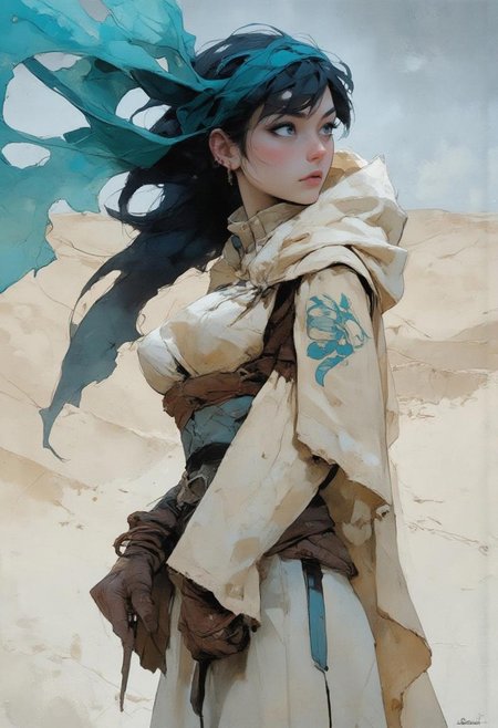A side profile of a young woman wearing a muted beige cloak, standing in a twilight desert. The only pop of color is a vibrant teal scarf billowing in the wind. The rest of the scene is subdued, with soft beige sands and an overcast blue-gray sky.