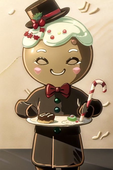 OverallDetail, male, solo, Gingerbread_Man, made of gingerbread, food focus, no humans, food creature, living cookie, frosting, frosting hair, (head tuft:1.2), blush stickers, plate, table, tablecloth, on table, walking, tiny, curly hair, bow tie, tailcoat, long sleeves, formal wear, top hat, candy cane, masterpiece, extreme detail, candy, simple face, dot eyes, high-angle view, standing, inside, kitchen, looking at viewer, smile, half-closed eyes smug, cute, chibi