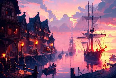 <lora:HarborAndDocks:0.5> hado, outdoors, ships, watercraft, building, pink clouds, buildings, docks, water, morning light, (best quality, masterpiece, highres, absurdres),  mystical, runes, magical, energy, wooden,  <lora:FantasyLandscape:0.7> FanLan