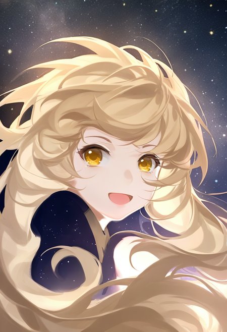 1girl, solo, star \(sky\), open mouth, starry sky, sky, long hair, looking at viewer, smile, yellow eyes, night sky, floating hair, night, :d, bangs, bare shoulders, upper body, portrait <lora:solaXL_NBVP1_lokr_V6311P:0.95>