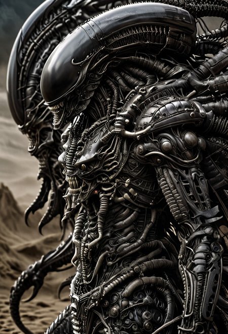 stunning, magnificent, HD, photorealistic, 1samurai xenomorph, dramatic lighting, solo, standing alone in a desert, intricate details, intricate armor, intense gaze, mythical, legendary, powerful, ((dark, evening)), cinematic, close-up, art by hr giger,
 armor, science fiction, no humans,
 vintage painting,painting,realism,Americana art,artistic style
