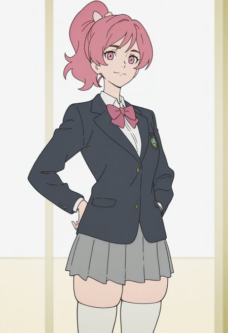 masterpiece, best quality, <lora:Devilman_Babycry:1> D3v1lm4nB4b1cr1,  1girl, solo,standing,looking at viewer, happy, closed mouth,pink hair, ponytail, pink eyes,school uniform, bow, long sleeves, skirt, skindentation, thighhighs,