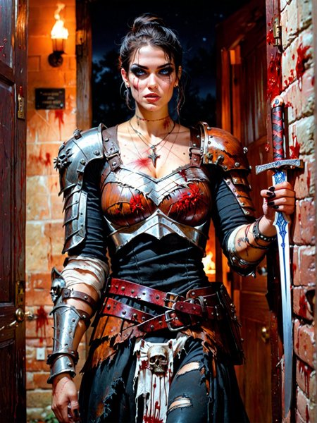 masterpiece, best quality, highly detailed, score_9, score_8_up, score_7_up, score_6_up, score_5_up, score_4_up, Expressive, ponytail, dark eyes, curvy body, wide hips, thick thighs, dust in the air, backlight, more lace on clothes, goth girl, tattoos, piercings, necklace, braclet, slanted eyes, black eyeliner and mascara, smokey eyes, long eyelashes, dark eyeshadow, curvy, sexy lips, solo, perfect face, perfect eyes, sexy, sexy girl, beautiful eyes, glowing eyes, zombie eyes, perfect cute face, seductive look, perfect hands, blush, dynamic angle, oiled skin, large breasts, colorful flowers, focus on face, eyes locked on the viewer, outdoors, at night, night, autumn, visible check, collarbones, visible shoulders, natrual breasts, solo, ((cuts on body, bleeding, deep sratches, claw marks, bite marks)), ((ripped clothing)), ((damaged armor)), ((armor, leather, leather armor, sword, sword on back)), ((zombie)), ((undead)), grotesque, morbid,
BREAK 
Hiding, staggering, exhausted, Hiding against a wall, hiding behind a corner, looking around corner, Looking through a doorway, spooky, eerie, haunted house, looking down a dark hallway, dutch angle, <lora:add-detail-xl:1.0>