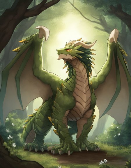1boy, solo, western dragon, feral, quadruped, midgardsormr, male, standing, 5 fingers, 4 toes, looking away, facial markings, red eyes, wings, tail, forest, detailed face, detailed eyes, from front, wulfer-shepherd, (masterpiece, best quality, very aesthetic, amazing quality), absurdres, highres