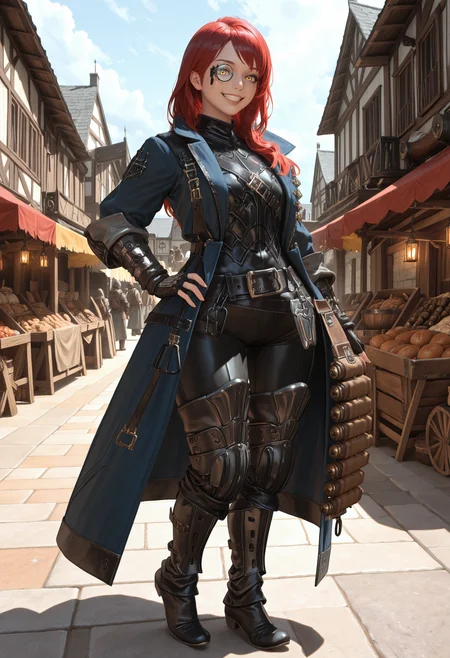 masterpiece, best quality, absurdres, highres, newest, <lora:cfg_scale_boost:.7>, smile, full body,standing, hand on own hip, looking at viewer, female focus, 1girl,long hair, 
bodyguardaf, black fingerless gloves, blue long coat, black armored boots, armor,  monocle, black pants, belt, open coat, thigh boots, bandolier, 
looking at viewer, smile, velvet skin,
medieval, fantasy, village, market,
complex composition, detailed eyes, detailed body, ultra detailed, masterpiece, best quality, amazing quality, very aesthetic, realistic, photorealistic, <lora:Bodyguard_IL:1>