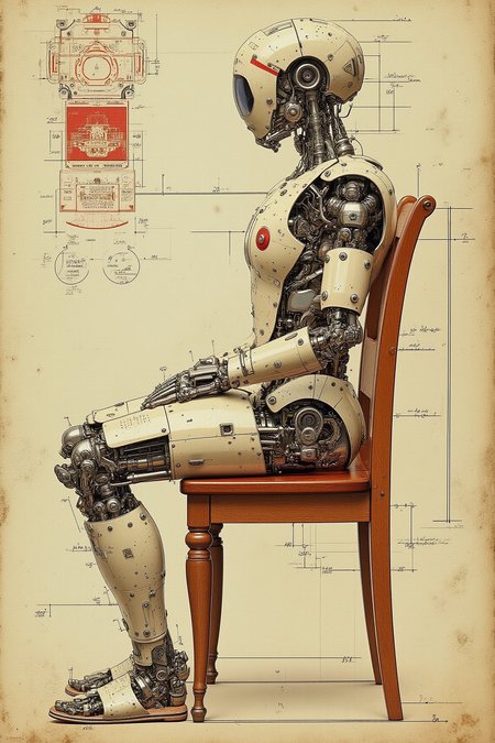 VintageSketch style, YFG-Asak, A Renaissance-style sketch of Leonardo da Vinciâs mechanical knight on parchment, a humanoid robot with a metallic frame, sitting in a chair. The design shows intricate gears and levers, with detailed anatomical proportions, set in the style of 15th-century drawings. Ultra realistic.