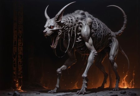 highly detailed oil painting of a skeletal hell hound demon with a grotesque, open-mouthed scream revealing razor sharp teeth. The demonic hell hound, rendered in shades of gray and black with detailed fiery accents. His body appears to be to (glowing:1.3) fiery from within and his fiery eyes are glowing brightly. The background is dark with (glowing demonic runes:1.2) shimmering dimly, enhancing the horrifying and eerie atmosphere. The image is a close-up, capturing the hound (from the side and below angle:1.3).