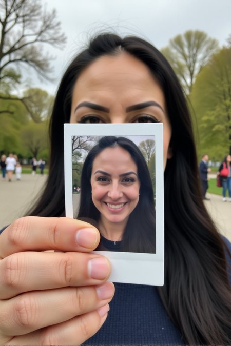 A woman, Ezada, is holding a Polaroid photo of herself in front of her face. The background of the image is blurred, showing a park or outdoor setting with trees and people in the distance. The focus is on the Polaroid, creating a visual contrast between the sharp, happy image in the photo and the blurred, real-life background behind it.<lora:Mistress_Ezada_Sinn:1>âââ