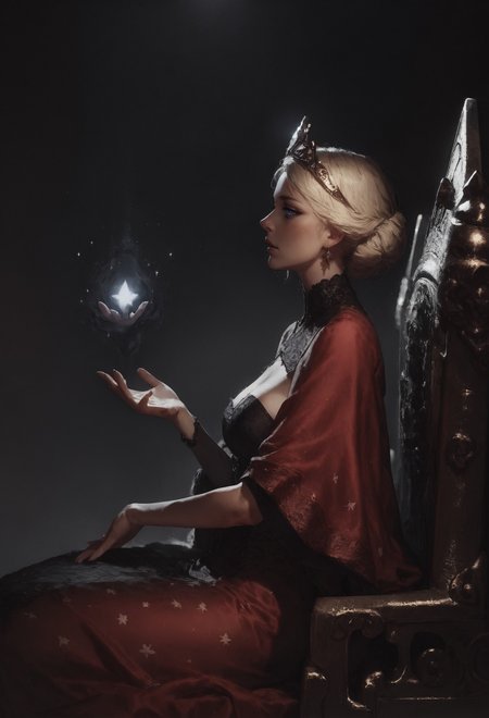 score_9, score_8_up, score_7_up,  queen, blonde hair, portrait, short hair, sitting on a golden throne, red royal dress, castle room, ornate dress, intricate fabrics, white fur, throne room, golden tiara, dark theme, majestic, fantasy, (magic moonlight, star sky:1.2), side view  <lora:pony/twilight_style:0.8> <lora:pony/expressiveh:0.8> expressiveh <lora:sdxl/sinfully_stylish_sdxl>