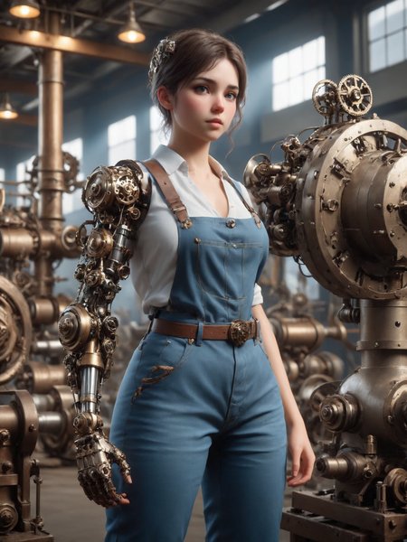 woman wearing a shirt and blue overall and mad-mecharm arm lifting heavy machinery, steampunk clothing, steam, grease, busy factory, cinematic shot, dramatic lighting, masterpiece, best quality, ultra high res, (photorealistic, realistic:1.2), deep shadow, raw photo, film grain, Fujifilm XT3, 8k uhd, dslr)