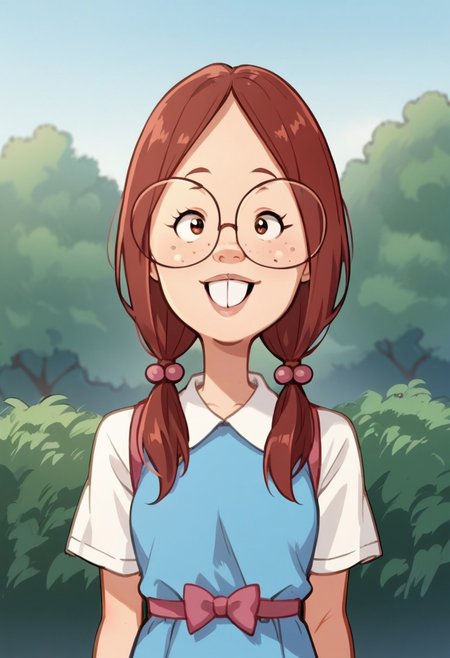 score_9, score_8_up, score_7_up, score_6_up, source cartoon, anime screenshot, anime screencap, gretchen, 1girl , solo female,  buck teeth, freckles, glasses, school uniform,smile, outdoors, looking at viewer, upper body, red hair, twin tails, hair bobbles, blue dress