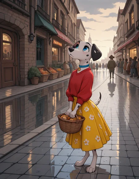 DISNEY_ANIMATION, m0use_istyle,
best quality, amazing quality, masterpiece, newest, anthro, shiny highlights, 1girl, furry, dalmatian, (red sweater:0.6), blue eyes, yellow floral skirt, looking up, leaning holding basket, leaning back city, sidewalk, grass, wet pavement, reflective floor, marketplace, food stalls, a lively crowd, Diagon Alley, door, brick wall, cloudy sky, warm light, animal crowd, group,
 <lora:Disney_Animation_v5-V7:1>,  <lora:Illustrious_0.7.2:0.25>