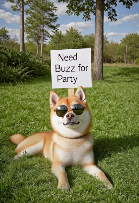 photorealistic, Shiba Inu, Doge with  visually striking color outside, grass, holding up a sign with his paws that says "Need Buzz for Party"