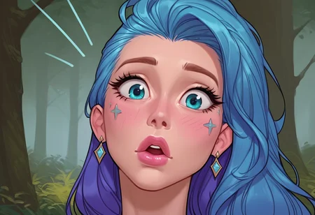 masterpiece,best quality, highly detailed, score_9, score_8_up, score_7_up, score_6_up, score_5_up, score_4_up, Expressiveh, forest, solo, face focus, portrait, 
1girl, seraphine \(league of legends\), blue hair, surprised, puckered lips, 
<lora:Expressive_H:0.65>  <lora:incase-ilff-v3-4:0.5> <lora:Smooth Style 2 SDXL_LoRA_Pony Diffusion V6 XL:0.25> <lora:Meinfischer:0.5>