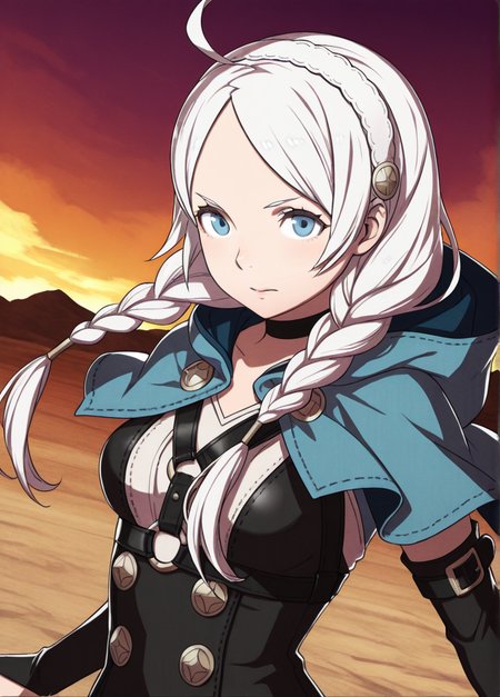 masterpiece, best quality, amazing quality, very aesthetic, absurdres, newest, detailed background, cowboy shot, outdoors, dynamic angle,
fireemblemxd, 1girl, harness, ahoge, hooded capelet, chest harness, braid, solo, twin braids, capelet, hairband, hood, leather, bangs, breasts, blue eyes, long hair, medium breasts, upper body, bridal gauntlets, twintails, parted bangs, white hair, white hairband, buttons, closed mouth, turtleneck, low twintails, choker, hood down
looking at viewer, dynamic pose, 
 <lora:Fire_Emblem_Style:1>