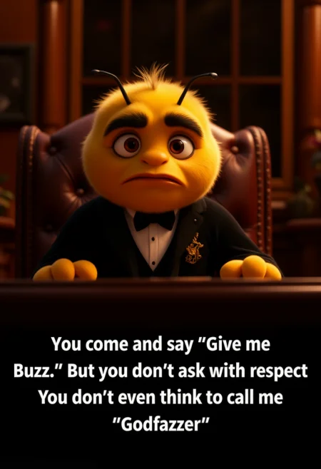 A cute fluffy bee in a black jacket, white shirt and bow tie sits in a leather chair at an expensive desk, like a mafia godfather, and looking at the viewer with a tired face. The room is dimly lit.
At the bottom of the picture is a white text with a black outline, written in a sans-serif font: 'You come and say "Give me Buzz". But you don't ask with respect. You don't even think to call me "Godfazzer"'
<lora:Cute_3d_Cartoon_Flux:0.6>