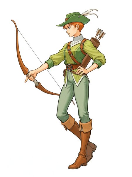 capcomfantasy,1girl, solo, bow (weapon), solo, boots, holding weapon, holding, arrow (projectile), full body, holding bow (weapon), white background, standing, hand on hip, quiver, green headwear, hat feather, pants, knee boots, simple background, fantasy, ranger, archer, green outfit, hat with feather, bow and arrow, standing pose, confident, vibrant colors,  vibrant colors, detailed, illustration, Dungeons and Dragons: Shadow over Mystara