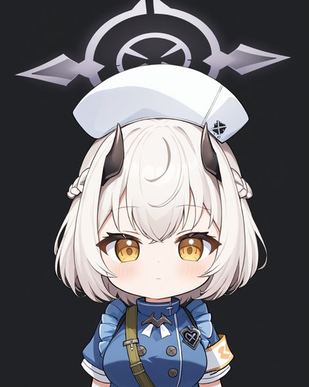 sena \(blue archive\),1girl, nurse_cap, halo, solo, braid, looking_at_viewer, black_background, black_horns, armband, upper_body, closed_mouth, simple_background, chibi, blush, demon_horns
<lora:sena_(blue_archive)_image207_2023-11-28:1>halo. gorgeous,key visual, vibrant, studio anime,award-winning, professional, highly detailed,high budget, cinemascope