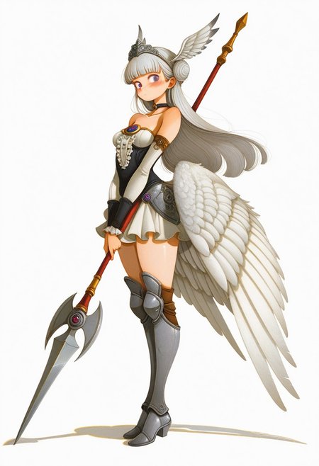 masterpiece, best quality, amazing quality, 
1girl, full_body, solo, vanillaware, valkyrie, purple_eyes, grey_hair, white_hair, blunt_bangs, single_hair_bun, head_wings, medium_breasts, bare_shoulders, wings, low_wings, multicolored_wings, feathered_wings, multiple_wings, tiara, hairband, feather_hair_ornament, choker, strapless_dress, armored_dress, short_dress, detached_sleeves, long_sleeves, leg_wings, frills, center_frills, armored_boots, thigh_boots, greaves, holding_polearm, spear, crescent, crystal, looking_at_viewer, standing, closed_mouth, blush, from_side, simple_background, white_background, 
fr-pi-il
