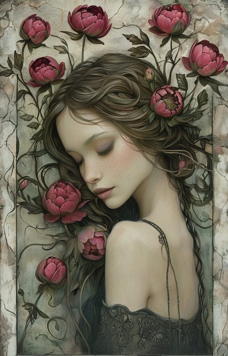 masterpiece,best quality,<lora:tbh220-sdxl:0.9>,illustration,style of Jessica Galbreth decaying peonies