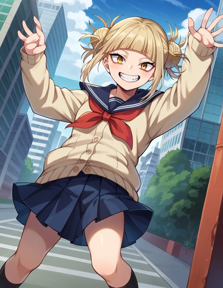 score_9, score_8_up, score_7_up, source_anime,
himikotoga, <lora:himiko-toga-ponyxl-lora-nochekaiser:1>,
himiko toga, bangs, blonde hair, yellow eyes, blunt bangs, hair bun, double bun, messy hair, smile, grin,
skirt, long sleeves, school uniform, pleated skirt, shoes, serafuku, socks, sailor collar, blue skirt, neckerchief, kneehighs, brown footwear, cardigan, black socks, loafers, red neckerchief, yellow cardigan,
outdoors, cityscape,
looking at viewer, cowboy shot, dutch angle, dynamic pose,