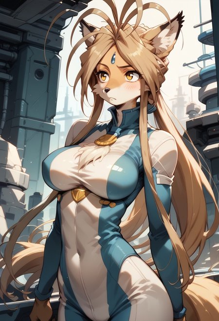 Expressiveh, negative_hand, score_9, score_8_up, score_7_up, belldandy as an (anthro fox),long oval face, short snout, two toned fur, large fox ears, fox tail, animal nose, yellow fur, white facial fur, tan hair, long hair, parted bangs, gold eyes, white triangle forehead gem, large breasts, skintight bodysuit, futuristic bodysuit, standing at attention,