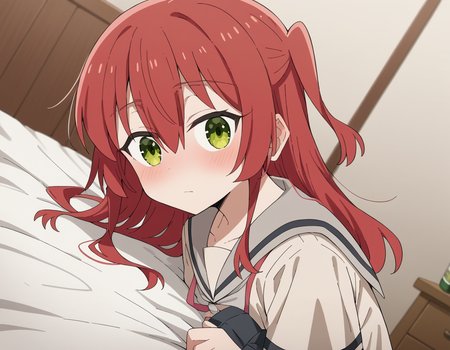 score_9, score_8_up, score_7_up, source_anime,
kitaikuyo, <lora:ikuyo-kita-s1-ponyxl-lora-nochekaiser:1>,
ikuyo kita, green eyes, hair between eyes, long hair, one side up, red hair,
black skirt, grey sailor collar, pleated skirt, sailor collar, school uniform, short sleeves, shuka high school uniform, skirt,
indoors, bed, bed room, on side, blush, drunk,
cowboy shot, solo, dutch angle, looking at viewer,