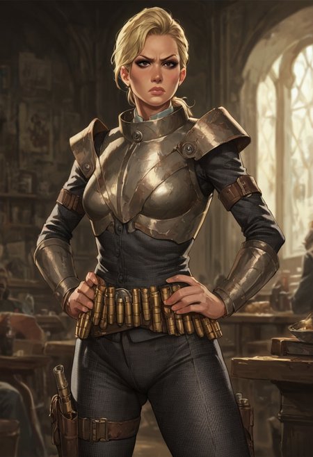 score_9, score_8_up, score_7_up, score_6_up, source_realistic, cowboy shot, BREAK annoyed, 1girl, Mags,  blonde hair, pompadour, low ponytail, lips, makeup, checkered suit, armor, bullet belt, thigh holster, standing, hands on hips,