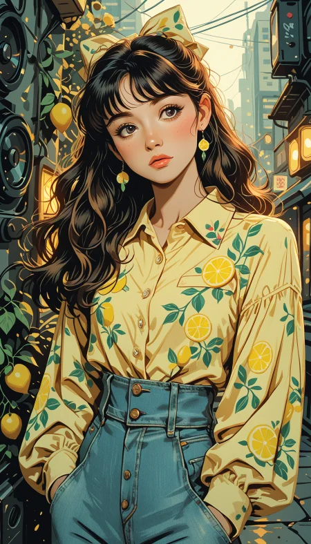 masterpiece, Shinkaistyle,
pinkretroanime, retro art,
Cyberpunk Style, cyberpunk, science fiction, hi tech, future tech, neon, (Cybernetics:1.25), (Neon Cityscape:1.4), (lineless:1.5), smooth edges, (lighten the face:1.5), tall body, slender body, fit body, long legs, In the image, a young woman with long dark hair and striking blue eyes is depicted. She is standing in front of a vibrant backdrop filled with fresh lemons on a tree, suggesting a sunny day. Her attire consists of a bright yellow blouse adorned with cherry blossoms and blue denim jeans. The blouse's color contrasts beautifully with the darker hues of her hair and jeans, making her stand out against the fruitful backdrop. The woman has a neutral expression on her face and is gazing directly at the camera, giving a sense of engagement with the viewer. She is positioned slightly to the left of the frame, which allows for a clear view of the lemons and the sky above them. The lighting in the image is bright and even, suggesting either morning or afternoon light, which enhances the vivid colors of her blouse and the lemons behind her. The background is out of focus, but it seems to be a clear day with no clouds visible, further emphasizing the outdoor setting. The overall atmosphere of the image is cheerful and vibrant, possibly indicating a fresh or springtime theme., 1girl, solo, long hair, looking at viewer, blush, bangs, skirt, brown hair, shirt, black hair, long sleeves, bow, brown eyes, jewelry, closed mouth, standing, upper body, hair bow, earrings, parted lips, food, puffy sleeves, collared shirt, pants, blunt bangs, black eyes, lips, blue skirt, head tilt, looking to the side, grey eyes, buttons, fruit, leaf, wavy hair, expressionless, floral print, plant, denim, yellow bow, puffy long sleeves, pocket, yellow shirt, jeans, hands in pockets, blue pants, shirt tucked in, print shirt, yellow theme, food print, lemon, lemon slice, high-waist pants, food-themed earrings