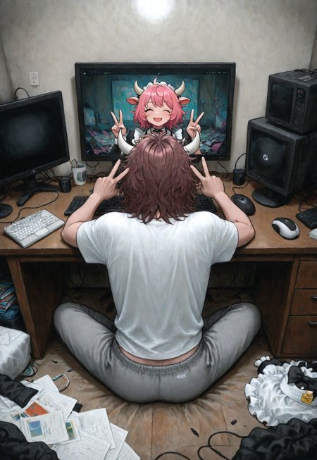 (solo focus), lukch, painting_\(medium\), no humans, male focus, different,
from behind, sitting, at desk, computer, cow horns, messy hair, brown hair,
shirt, sweatpants,
messy room, bedroom, computer monitor, screen, watching, 1girl, anime, pink hair, medium hair, maid, idol, pose, wink, v,
traditional media, best quality, absurdres