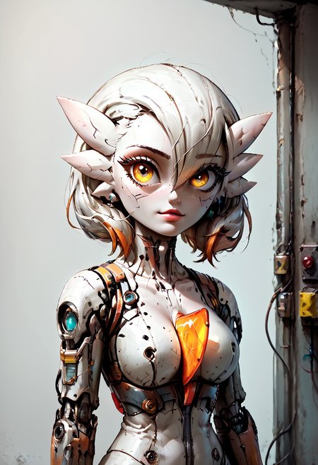 (((gardevoir))), female, anthro, porcelain white skin,(score_9, score_8_up, score_7_up), 1girl, solo, gardevoir, robotic parts, looking away shyly, shy smile, rusty metallic skin, perfect eyes, old robot body parts , wearing firefighter jacket, oversized clothes, cinematic light, upper body, detailed face, cyberpunk face
Masterpiece, best quality, Detailed drawing, dtldr, evi@decrepPunk, rusty robot aesthetic,