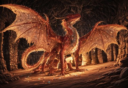 Dragon in Christmas cave, cave, festive cave, Christmas decorations, Christmas lights
(((Sparkling, Sparkly))) glowing dragon, christmas dragon, dragon wrapped in Christmas lights, glowing matrix, glowing Christmas lights, hyper realistic, photorealistic, HD, High detail, High detail eyes, high detail face, wings, glowing wings, light scales, glowing Christmas lights on wings, glowing light scales, tail, tail wrapped in Christmas lights, four legs, 
BREAK 
Snowy background