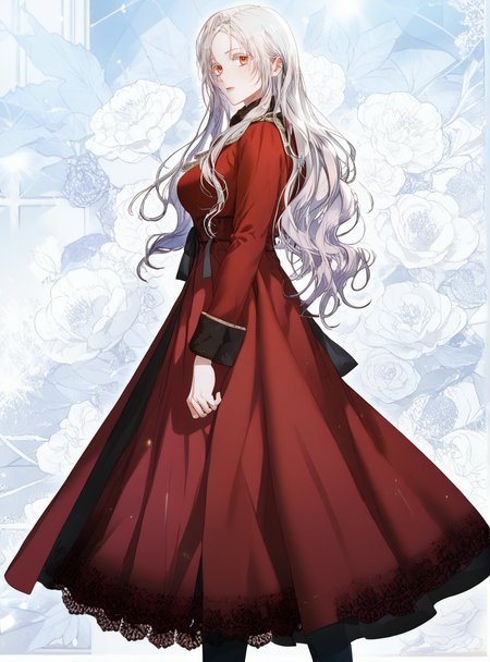 better skin,(score_9_up:1.2),(score_8_up:1.2),(score_7_up:1.2),expressiveh, ,1girl,Masterpiece,(perfect female body:1.2),(detailed hair), detailed background,thick thighs, big breasts,wide hips, small waist, detailed skin, looking at viewer, big breasts, (4k),(incredibly detailed:1.4), perfect anatomy, correct sense of scale, side lighting, feminine body, shiny skin, high layer, high layer long, slim, constricted waist, nice body, lips, Sexy mouth, neatly drawn nose, beautiful fingers, beautiful white skin, Beautiful clear skin <lora:Fiona_Green_-_Author_of_My_Own_Destiny_-_PONY-Kaleid:1> fiona green, 1girl, silver hair, long hair, red eyes, bangs, white eyeslashes, boots, dress, red dress, long sleeves, coat, looking at viewer, big breasts, (facing viewer:1.5) full body, looking back,
