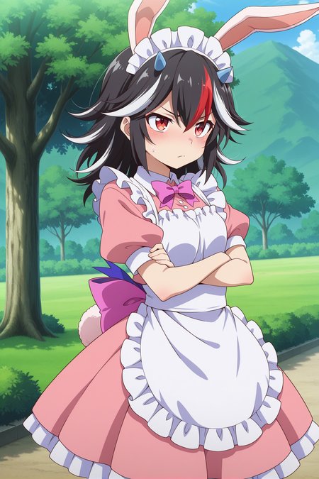 absurdres, highres, masterpiece, best quality, amazing quality, official anime artwork, screencap, anime screencap, outdoors,
<lora:Seija-Kijin_Illustrious:1> kijin seija, 1girl, solo, red eyes, black hair, multicolored hair, streaked hair, horns,, kijin seija \(rebellious maid\), alternate costume, animal ears, rabbit ears,  cone horns, maid, maid headdress, pink dress, short sleeves, puffy sleeves, pink bow, pink back bow, pink ribbon, apron, white apron, frills, rabbit tail,