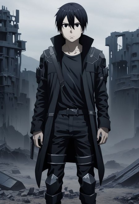 high resolution, professional photography, best quality, 1Boy, Kirigaya Kazuto, Black Hair, Black Eyes, overalldetail, dystopia, black jacket, black shirt, serious looking, black pants, armor, dark fantasy