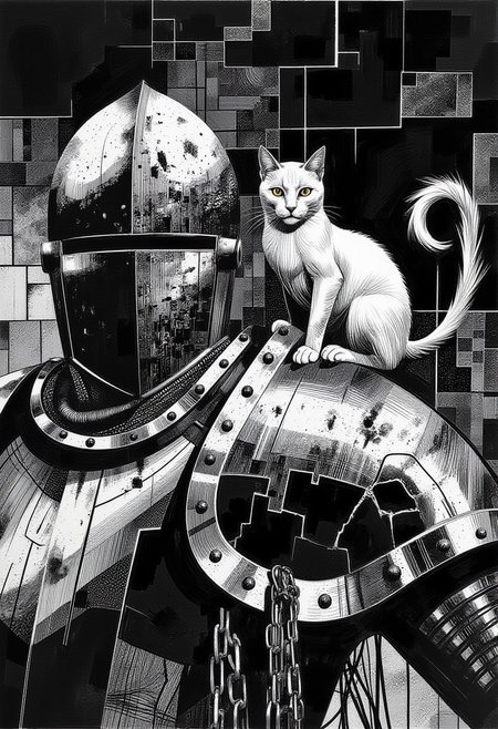 Art by Sergio Toppi, graphic illustration, gritty, distressed, monochrome palette, ckbwaw, a digital artwork in the style of ckbwaw. A medieval knight clad in battle-worn blackened steel armor stands in a dim stone chamber, the surface of his plate marked by deep scratches, dents, and intricate filigree that catches the flickering torchlight. His helmet, adorned with elaborate gothic engravings, has a partially raised visor, revealing sharp, shadowed eyes beneath the heavy steel. The thick chainmail beneath the armor drapes over his shoulders, its interwoven links worn and tarnished. A Persian cat, its luxurious white fur stark against the knight’s dark armor, sits poised on his pauldron, its amber eyes gleaming with an almost otherworldly intelligence. The cat’s tail curls slightly, its fur ruffled by the cold, stagnant air of the chamber. Cracked stone walls loom in the background, worn smooth by time, their rough surfaces illuminated by the unsteady glow of torches casting deep, jagged shadows. Light and darkness clash, harsh contrasts emphasizing the rugged, battle-hardened form of the knight and the ethereal presence of the feline, the entire composition imbued with a raw, expressive intensity.