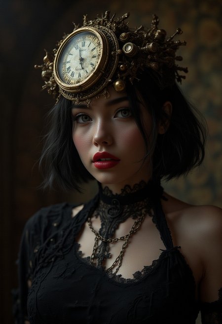Midjourney style, Cinematic style, high fidelity, realism, chiaroscuro,
(score_9,score_8_up,score_7_up,score_6_up), BREAK
 a woman with a clock on her head, an ultrafine detailed painting by Ross Tran, cgsociety, gothic art, clockwork woman, tom bagshaw artstyle, artstyle tom bagshaw,BREAK, Also image contains:1girl, solo, looking at viewer, short hair, black hair, dress, ribbon, closed mouth, upper body, black dress, black eyes, parted bangs, grey eyes, lips, black ribbon, cropped torso, red lips, clock, roman numeral,
